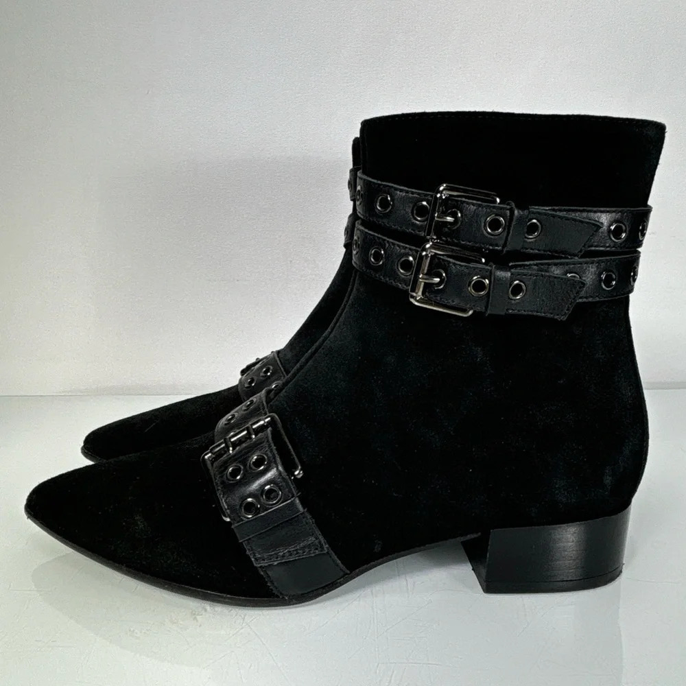 Napoleoni Black Suede Pointed Toe Adjustable Strap Detail Ankle Boots Size 37 - Picture 11 of 11